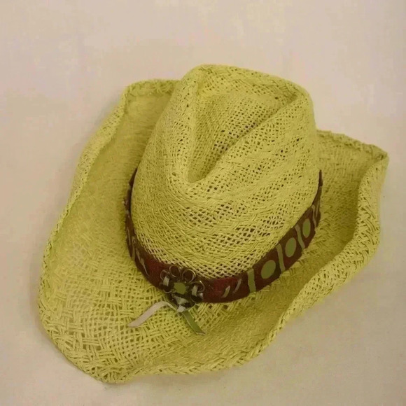 Children Bullhide Cowboy Hat Neon Yellow Straw Woven Western Leather Strap - Picture 4 of 6